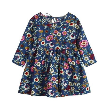 

KONBECA Toddler Girl Outfits Princess Dresses Baby Girls Long Sleeve One-Piece Floral Print Skirt Casual Dress Cotton Dresses Navy (12-18 Months)