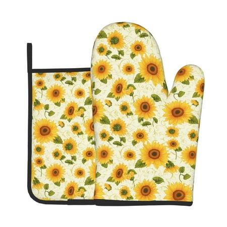 

Jgfou European-style Pattern Sunflower Pattern Oven Mitts and Pot Holders Sets Heat Resistant Oven Mittens Soft Lining Extra Thicken Long Kitchen Cotton Oven Glove for Cooking