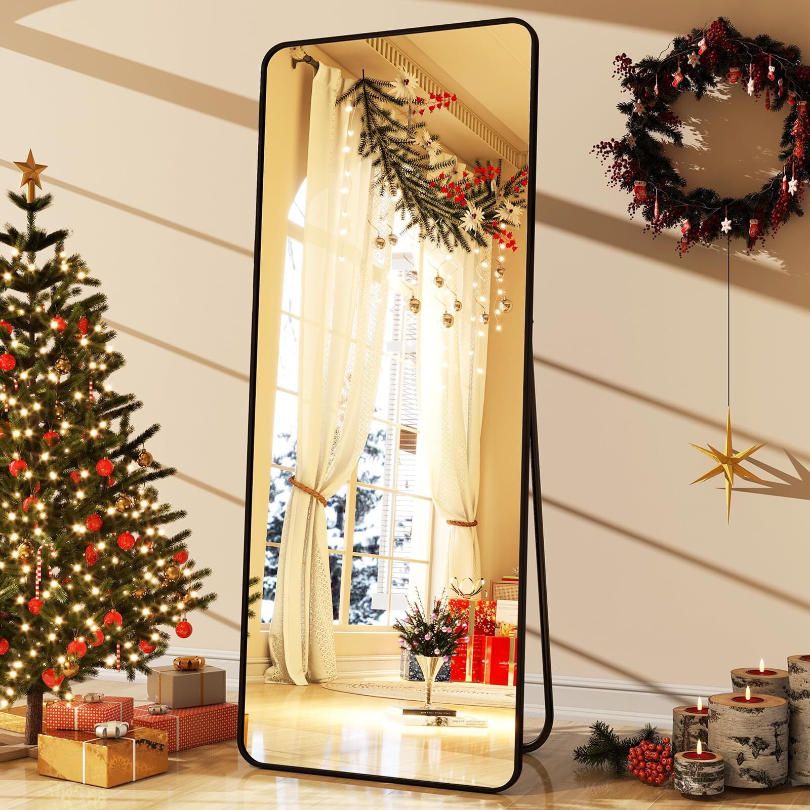 Mirstory 59"x 16.2" Full Length Mirror Standing Full Body Mirror with Rounded Corners, Black