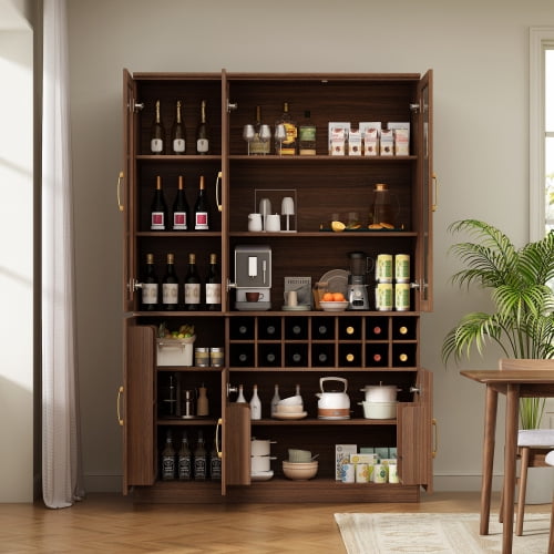 70.87" Tall Wine Bar Cabinet with Glass Doors, Modern Liquor Cabinet with Removable 14-Bottle Wine Rack & Built-in Door Shelves, High-Capacity Home Bar Storage Cabinet, Walnut