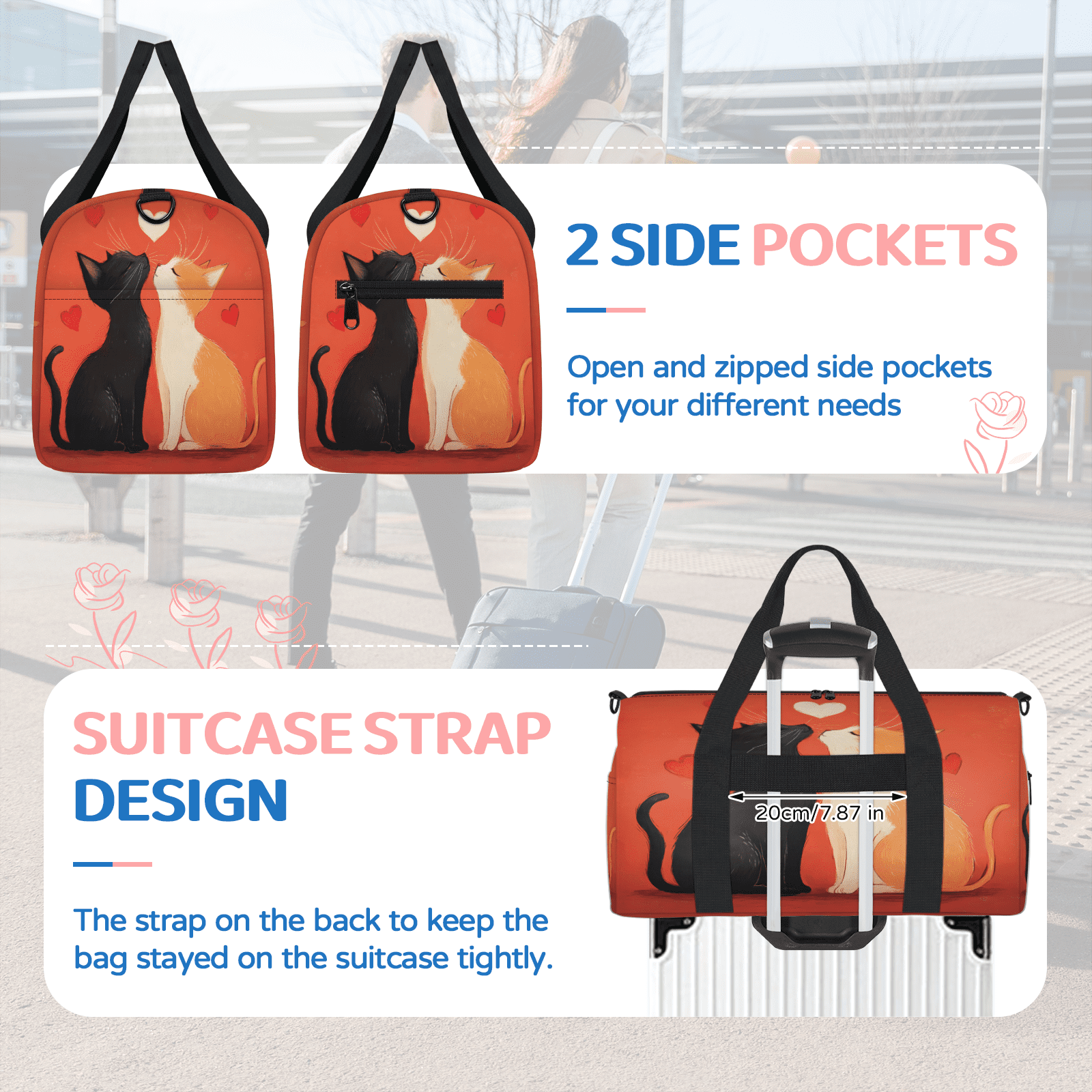 Herdesigns Cats Travel Duffle Bag Sports Yoga Weekender Overnight Carry on Workout Bags Lightweight Waterproof Gym Tote Bag for Women Cute