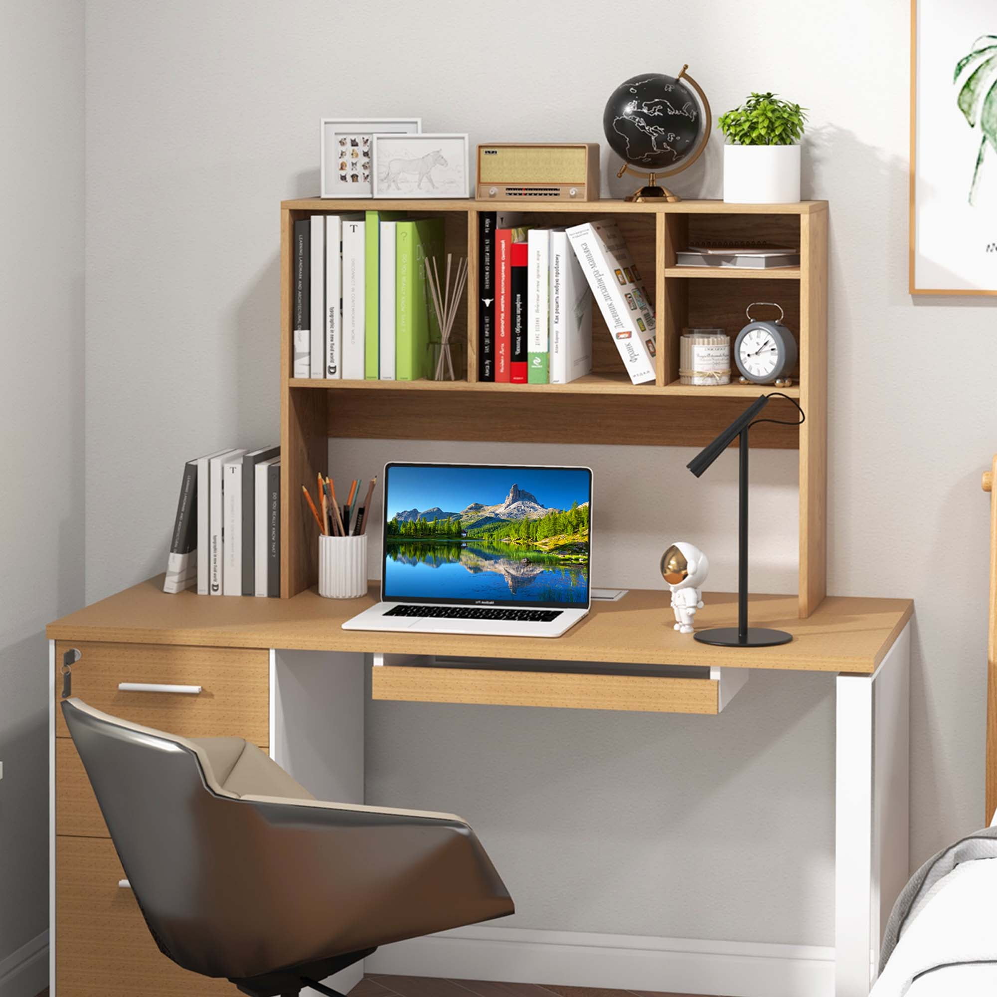 Costway Computer Desktop Bookcase Countertop Storage Bookshelf Organizer with 4 Cubbies, Natural