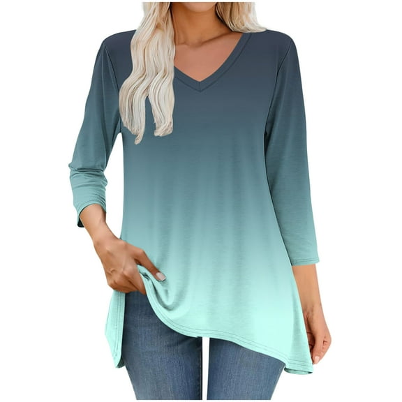 Elvqul Womens Green Shirts 3/4 Sleeve Blouses Casual Loose Trendy Print Tops for Ladies