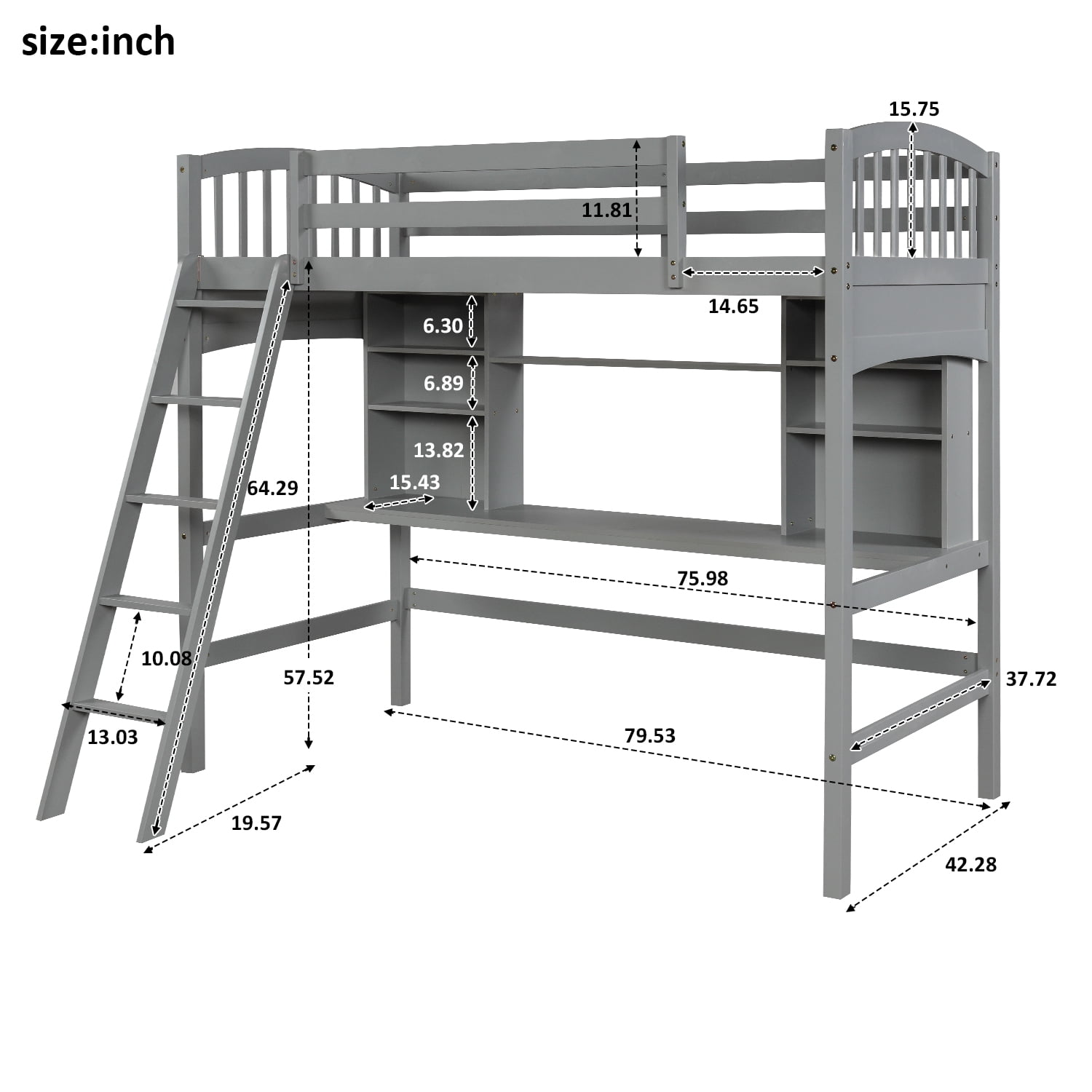 Twin Size Loft Bed With Storage Shelves, Twin Size Bunk Bed Measurements