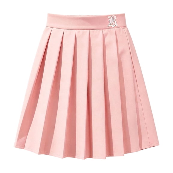 WAYUTE Uniform Skirts for Girls Pink Elegant Pleated Skirt with Cute Embroidered Letter Classic A Line School Uniform Casual Daily,8-9 Y