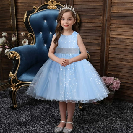 

Leutsin Kids Dress Girls Sleeveless Princess Dress Bow Tie Lace Flowers Mesh Dress Tufted Dress