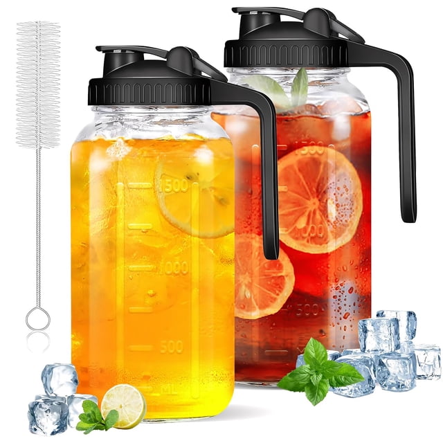Jarra de Vidrio con Tapa, 2 Pcs Mason Jars,Jarra de Agua 1.89 litros con Cepillo de Limpieza,jarra de boca ancha a prueba de fugas,para Té de Frutas,Zumo, Leche, Té, Caf&eacu