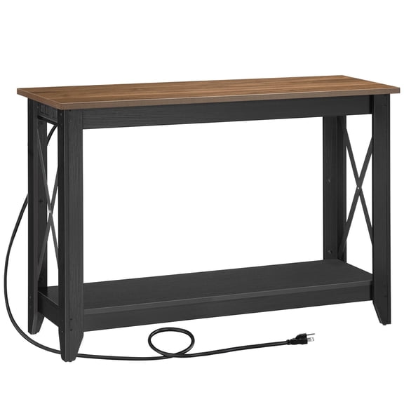 HOOBRO Industrial Multifunction with Power Socket, Outlets and USB Ports Engineered Wood Console Table, Black Walnut
