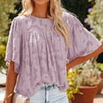 thumbnail image 2 of Womens 3 4 Bell Sleeve Blouse Summer Crewneck Lace Tops Floral Textured Babydoll Shirts, 2 of 6