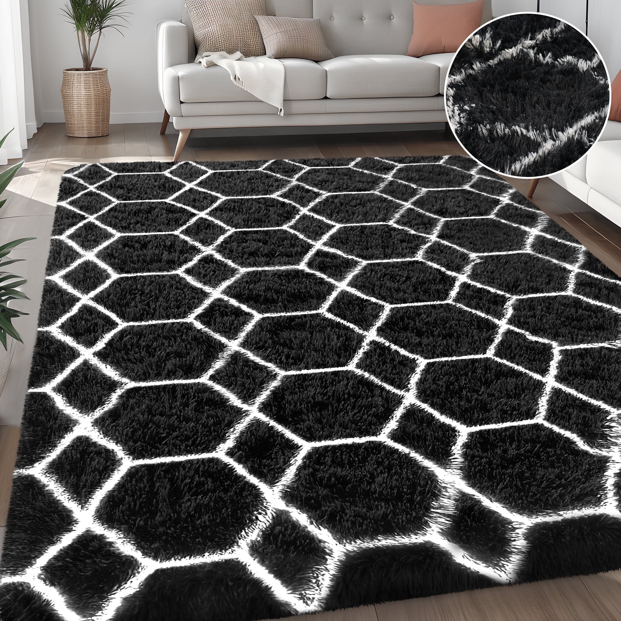 Nefoso Shag Geometric Area Rug, 5ft x 8ft Soft Fluffy Area Rugs for Living Room Bedroom Decor Carpet, Black & White