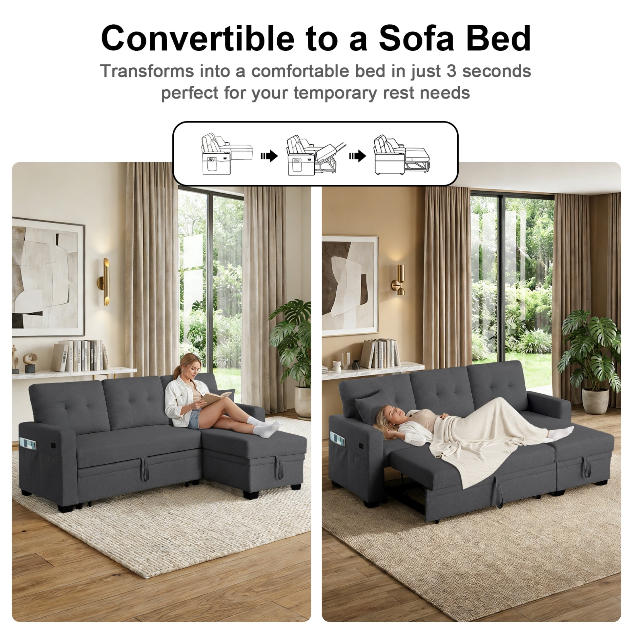 ShiKeyi 82" L Shaped Sleeper Sofa Bed, Sectional Sleeper Couch with Pull Out Bed, 3 Seat Convertible Sofa Bed with Storage Chaise, USB Charging Ports for Living Room, Dark Grey Linen Fabric