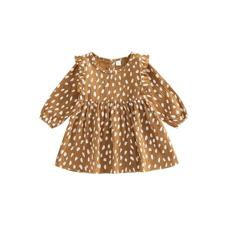 

WakeUple Autumn Little Girls Lovely Dress 1-6Y Polka Dot Printed Ruffles Long Sleeve Knee Length A-Line Dress