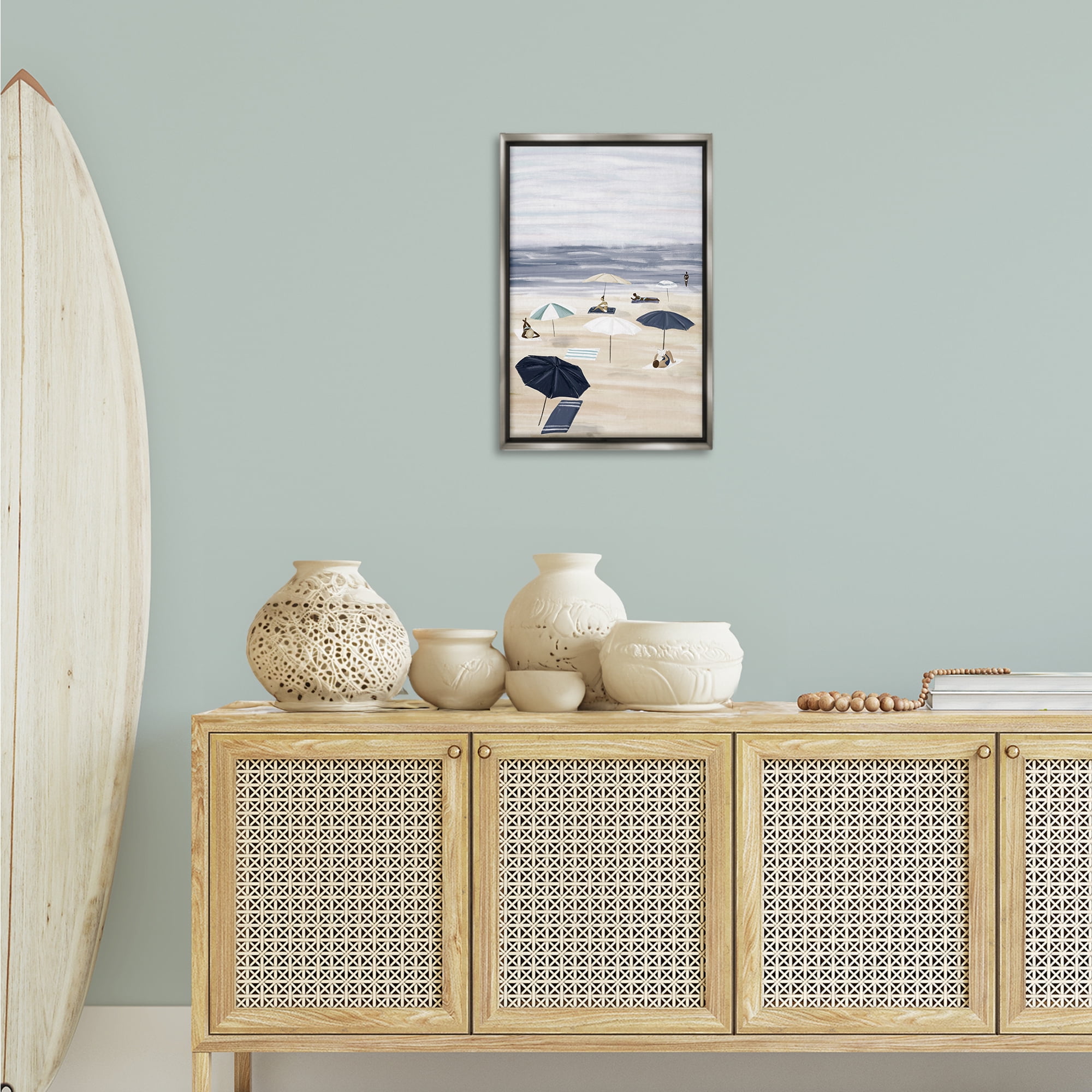 Stupell Industries Beachgoers with Umbrellas Nautical & Beach Painting Gray Floater Framed Canvas Art Print Wall Art, 17 x 25