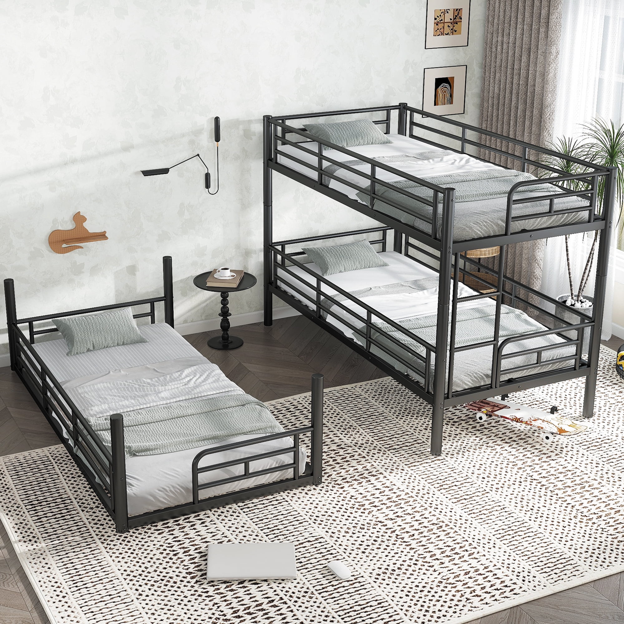 Leumius Twin over Twin over Twin Bunk Bed,Metal Triple Bunk Bed for 3 Kids/Teens,Heavy Duty Triple Bed with Guardrail and Ladder,Separates Into 3 Twin Beds,Black