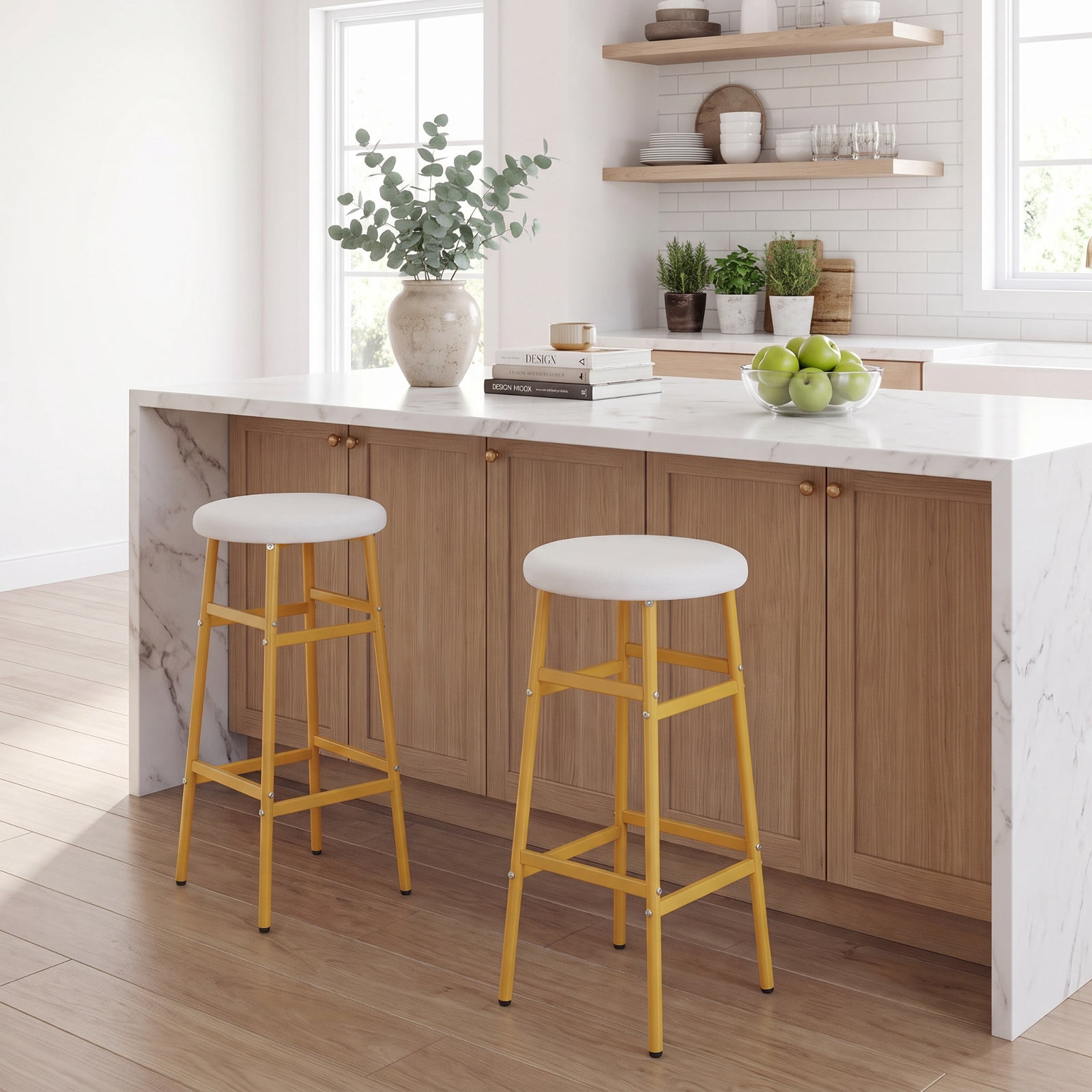 Furnibear Backless Bar Stools Set of 2 Linen Padded Metal Frame with Footrest