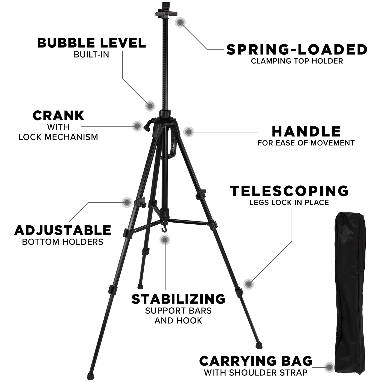 Creative Inspiration Valerri 61" Rugged Artist Easel, Portable, Adjustable Height for Floor to Table-top Drawing or Painting, LightWeight Aluminum Black w/ Nylon Carrying Travel Bag