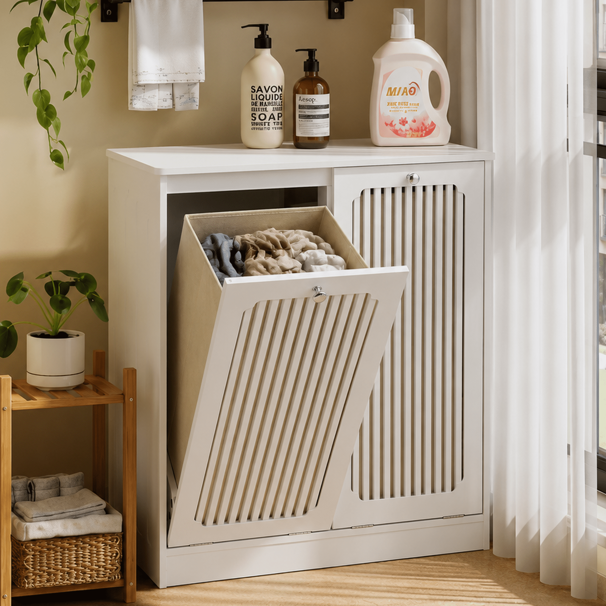 Flip-Top Louvered Laundry Hamper Cabinet with Dual Fabric Compartments, Moisture Resistant MDF Freestanding Storage Organizer for Bathroom Balcony Laundry Room