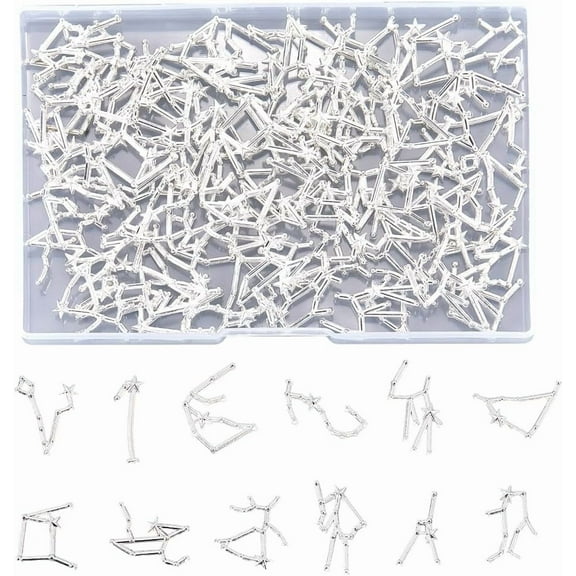 1 Box 96Pcs 12 Styles Constellation Charm Resin Filler Charms Bulk Silver Alloy Zodiac Epoxy Horoscope 12 Star Signs Connector Linking Flatback Cabochon Fillers for Jewelry Making DIY Crafts