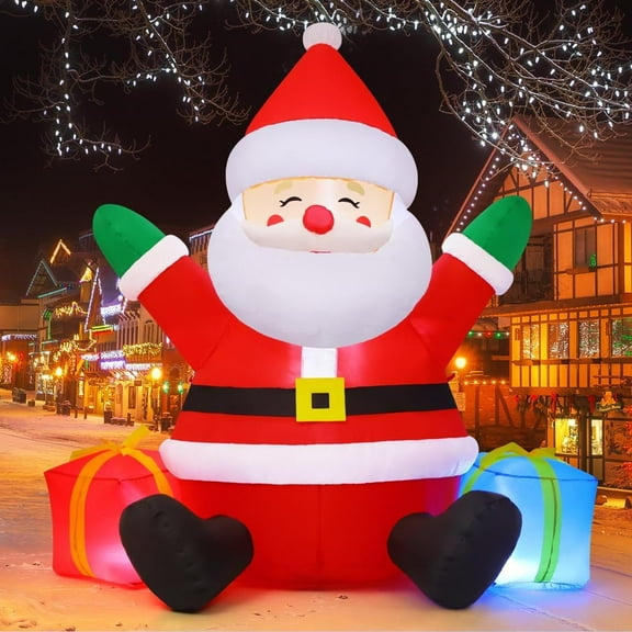 GOOSH Christmas Inflatables 5 FT Santa Claus Inflatable with Built-in LEDs, Blowup Sitting Santa Inflatable Christmas Santa Clause with Gift Box, Outdoor Christmas Decorations for Xmas Holiday Party