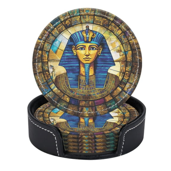 PU Leather Coasters for Drinks Bar Beer,Set of 6 with Holder,Round Housewarming Gift,Stained Glass-Style, Egyptian-Themed With Clear Background