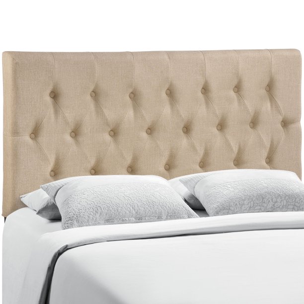 Modern Contemporary Queen Size Headboard, Beige Fabric