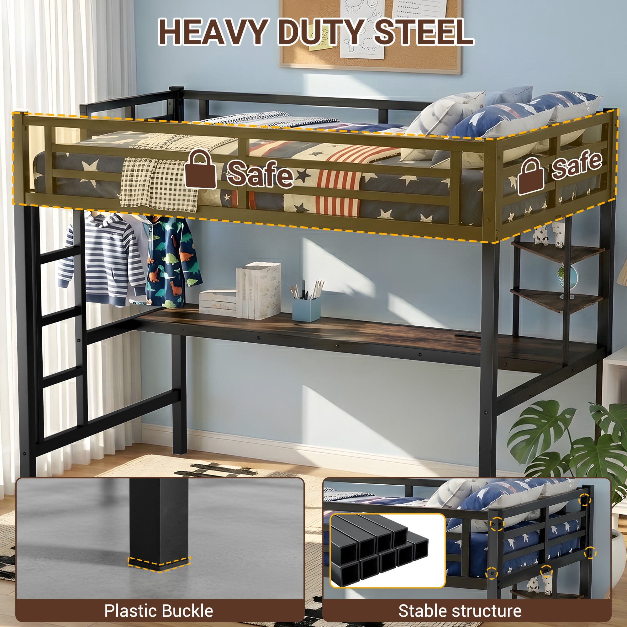 Miniyam Twin Size Loft Bed with Desk and Storage Shelves, Metal Loft Bed with Charging Station and LED Lights