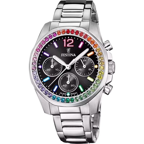 Festina Reloj F20606-3 para Mujer con Cronógrafo Arcoíris, Detalles de Cristal, Acero Inoxidable, Esfera Negra, Cuarzo, 100 M