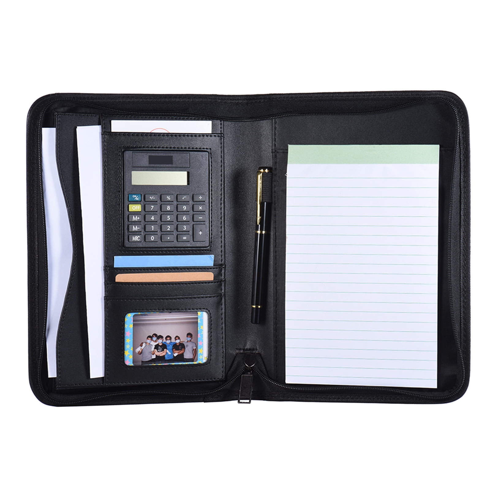 Meterk Portable Professional Business Portfolio Padfolio Folder Document Case Organizer A5 PU Leather Zippered Closure with Calculator Card Holder Memo Note Writing Pad