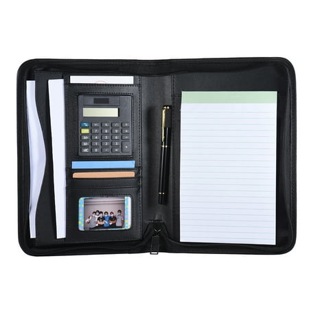Vistreck Portable Professional Business Portfolio Padfolio Folder Document Case Organizer A5 PU Leather Zippered Closure with Calculator Card Holder Memo Note Writing Pad