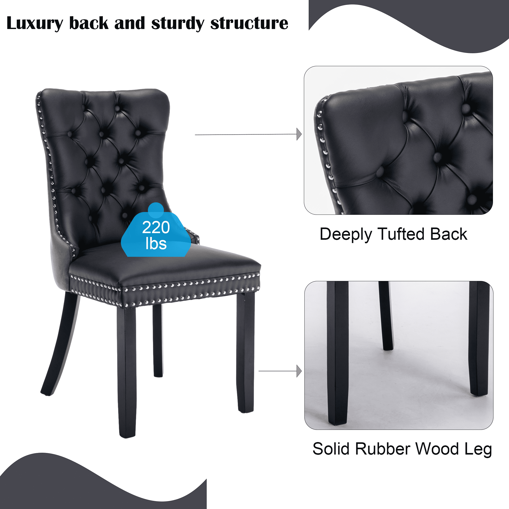Rhomtree Faux Leather Tufted Dining Side Chairs, Black/Gray (Set of 2)