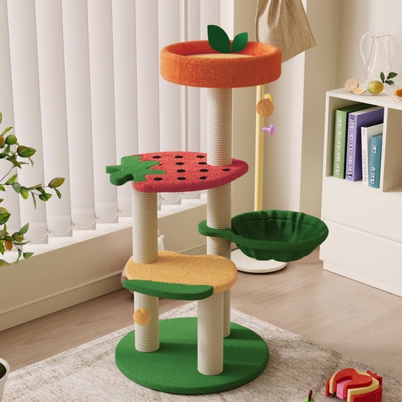 Happy & Polly 41-inch Fruit World Plush Cat Tree, Sisal, Suitable for All Kittens, 4-Tier
