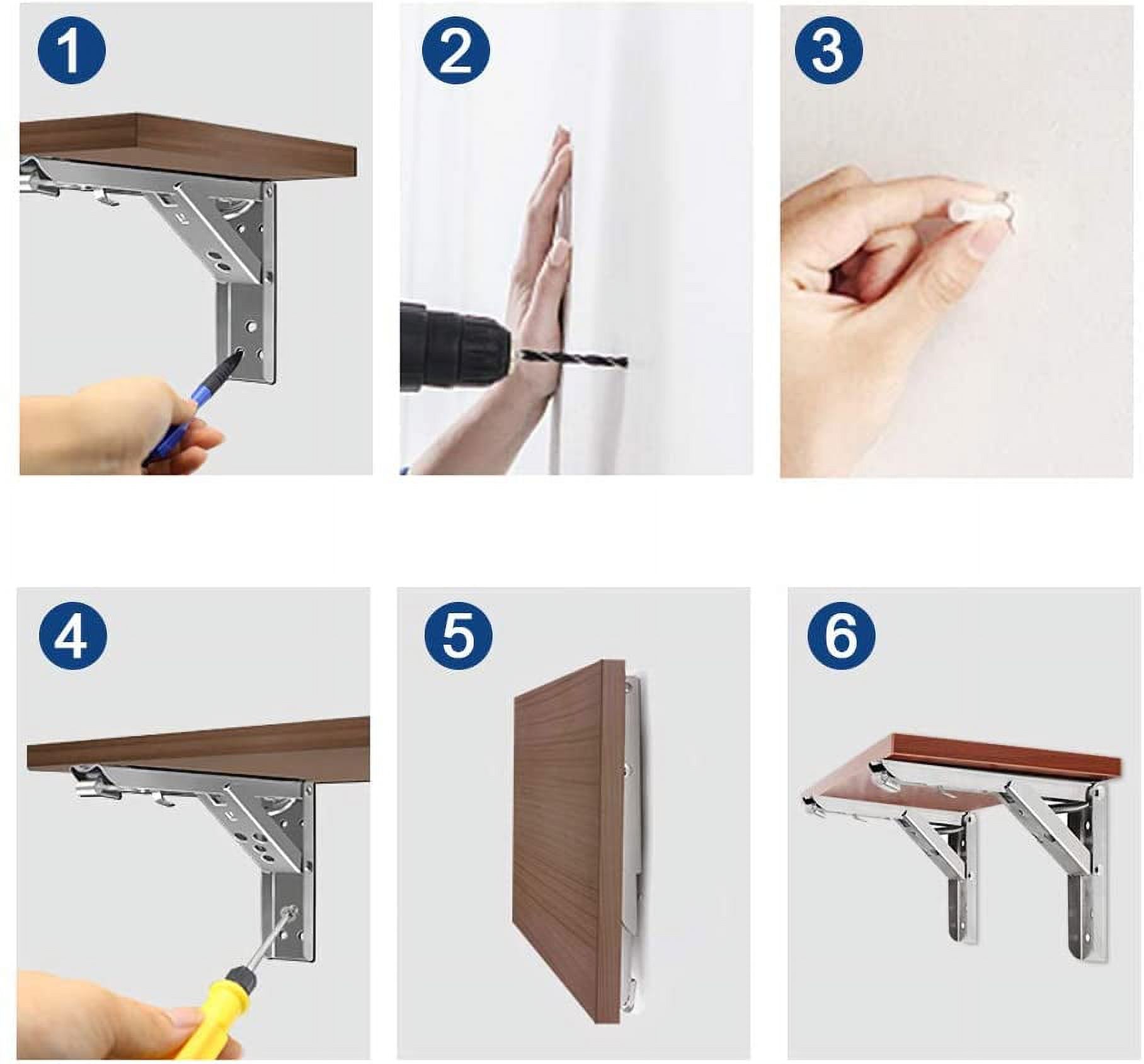 BUZIFU  2Pcs Stainless Steel Folding Shelf Bracket Triangle Folding Shelf Bracket Heavy Duty Collapsible Shelf Bracket Folding Brackets Wall Mounted DIY Triangle Brackets Shelf Support for Wall Table