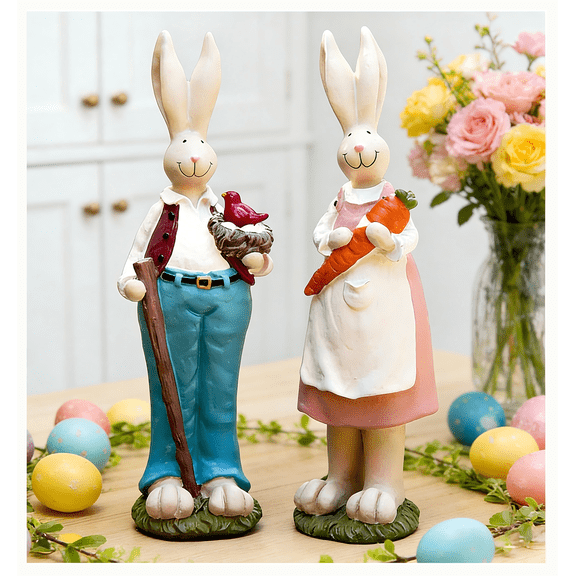 9.06'' H Hand Painted Bunny Couple Statue Set - Resin Easter Bunny Decor, Spring Rabbit Figurines for Easter Centerpiece Table Decorations or Home Decor, for Family and Friends