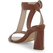 LOUISE ET CIE Nalah Peanut Brown Leather Block Heel T-strap Open Toe Sandals