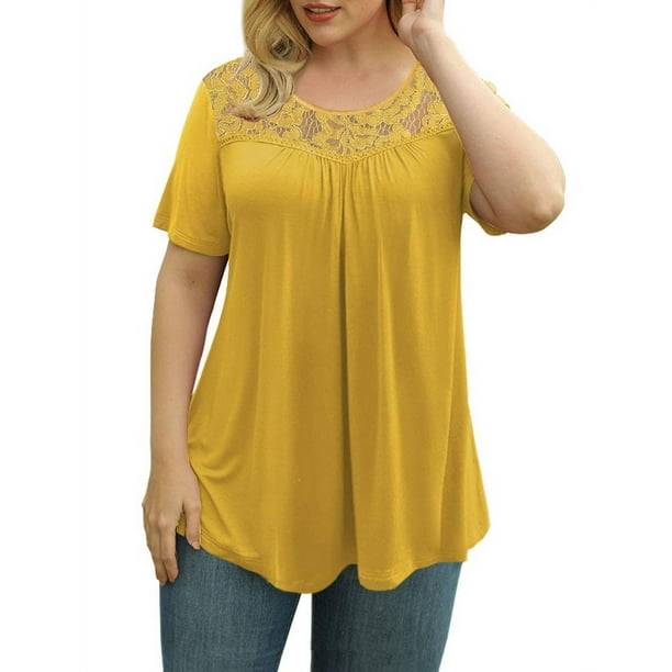 GingDin Women's Plus Size Henley Shirts Short Sleeve Lace Pleated Loose ...