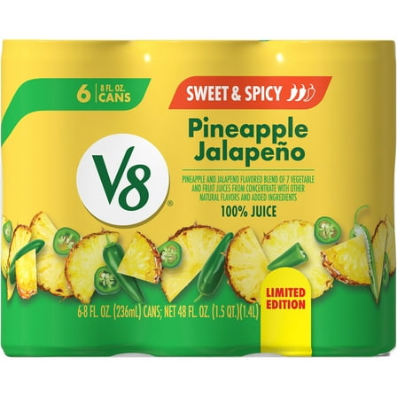 V8 Pineapple Jalapeno 100% Fruit and Vegetable Juice, 8 fl oz Can, 6 Count