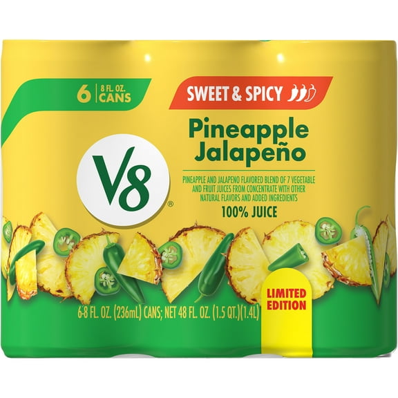 V8 Pineapple Jalapeno 100% Fruit and Vegetable Juice, 8 fl oz Can, 6 Count