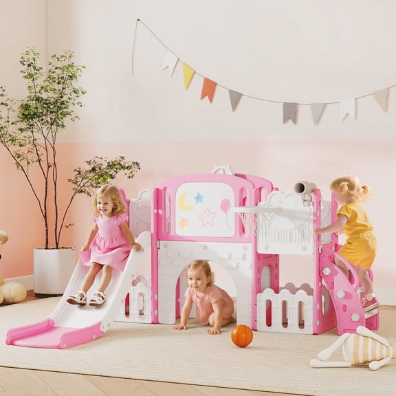 Qaba Toddler Slide, 7 in 1 Kids Slide with Climber, Basketball Hoop, Telescope, Storage Box, Indoor Outdoor Playground, for Boys Girls Ages 1-3, Pink
