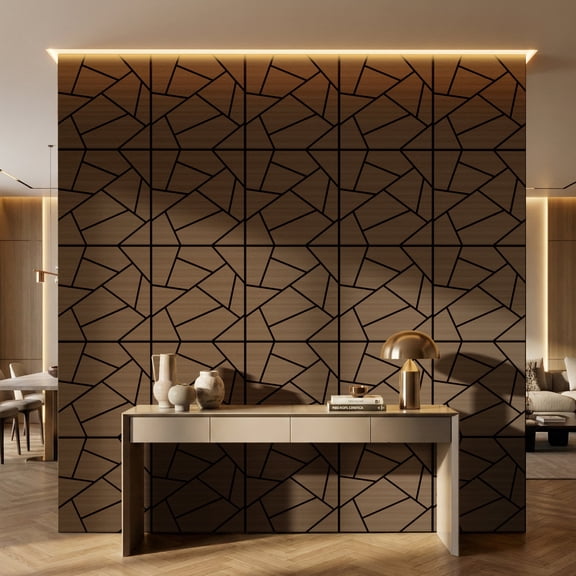 Fahomiss Abstract Geometric Acoustic Wood Slat Wall Tiles 4-Pack 24"x24", 3D Panel, Walnut