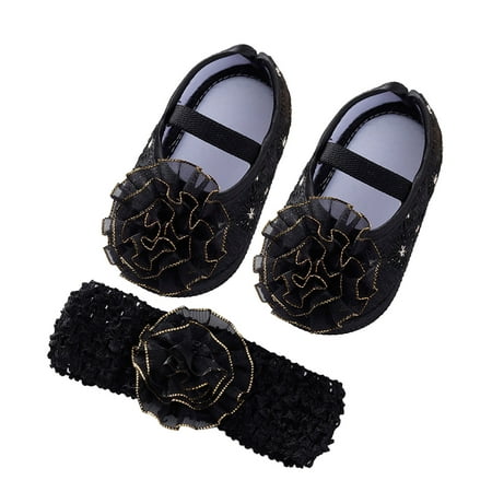 

Shoes Cute Child Toddler Sole Shoes Princess Little Headband Set Shoes Soft Flowers Baby Toddler Shows Girls Slip on Wide Shoes