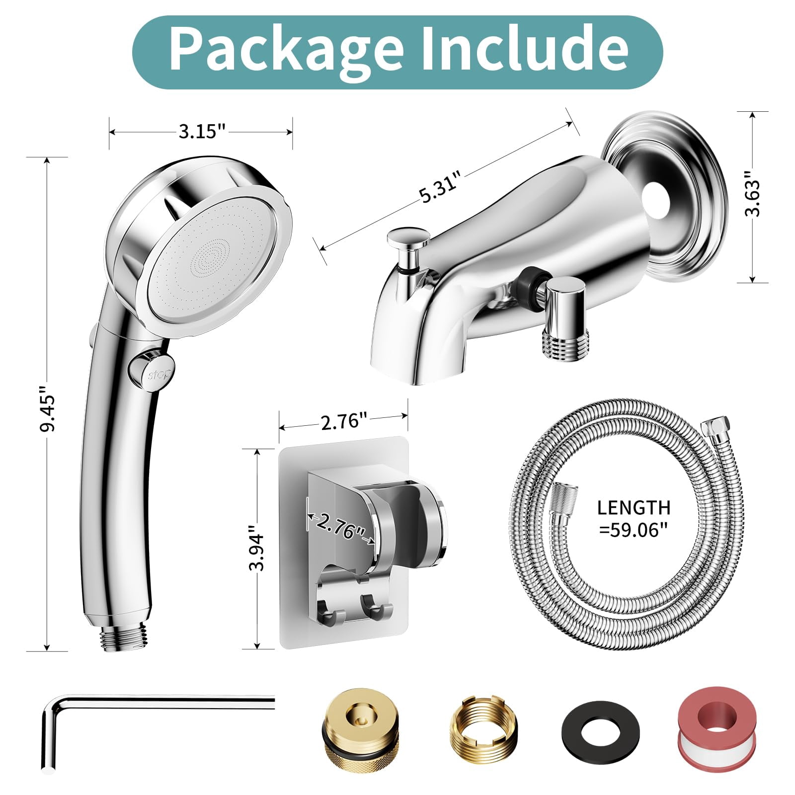 Bathtub Faucet with Handheld Sprayer Chrome Metal Bath Spout Diverter
