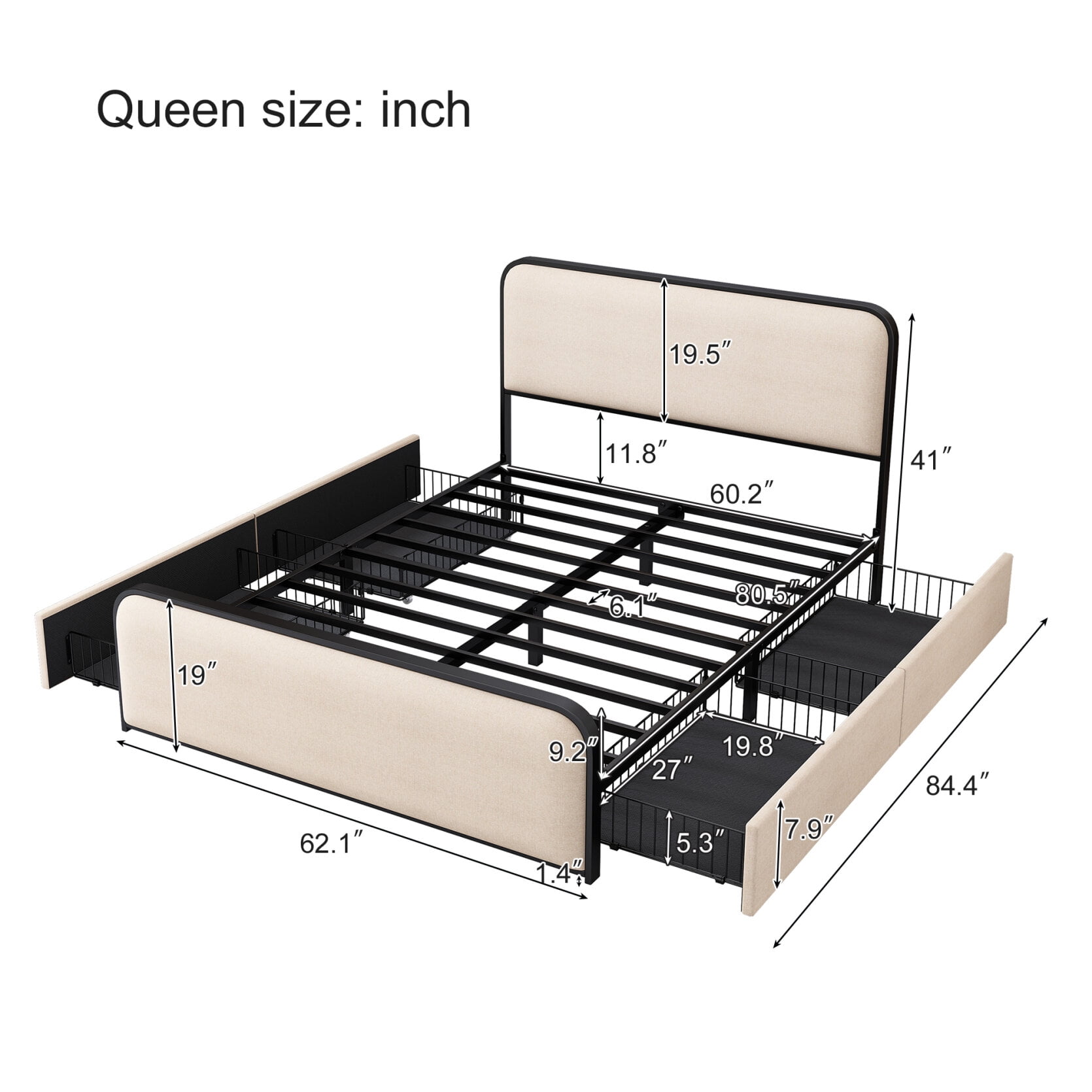 Queen Size Metal Bed Frame with Curved Upholstered Headboard and Footboard, Queen Modern Platform Bed with 4 Storage Drawers, Heavy Duty Metal Slats, No Box Spring Needed, Beige