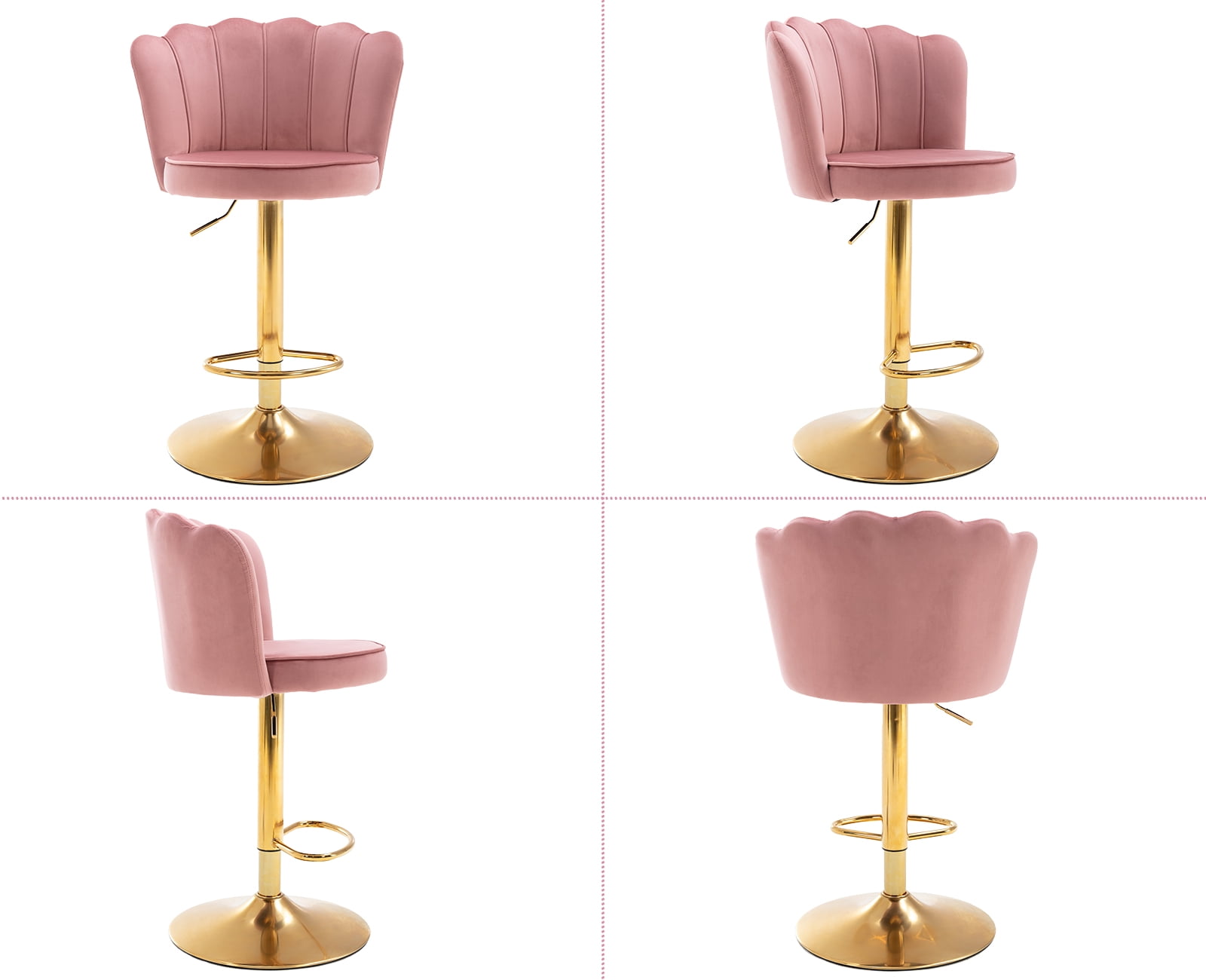 Guyou Swivel Adjustable Bar Stools Set of 2, Velvet Counter Height Barstools with Petal Back and Gold Footrest, Modern Counter Bar Height Stool Chairs for Kitchen Island Bar Cafe, Dark Pink