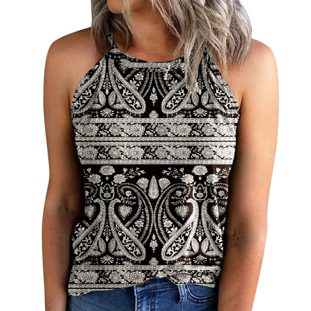 Gibobby Mujer Vintage Estampado Slim Fit O Cuello Halter Camiseta Top Chalecos Blusa sin mangas(Negro,G)