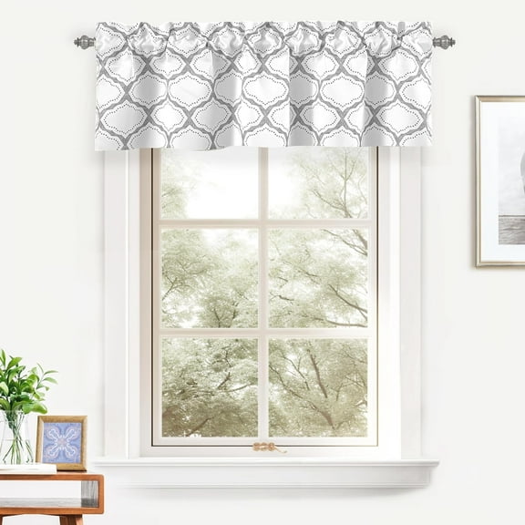 DriftAway Geo Trellis Polyester Window Decoration Curtain Valance Rod Pocket 14"L x 52"W Plus 2" Header Gray