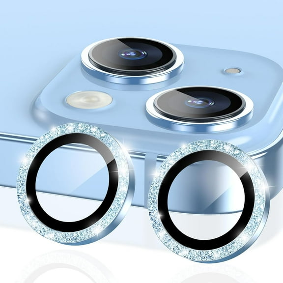 for iPhone 15 Plus/iPhone 15 Camera Lens Protector, Individual Bling Glitter Metal Ring Tempered Glass Camera Screen Protector for iPhone 15 Accessories, Anti Scratch Case Friendly (Glitter Blue)