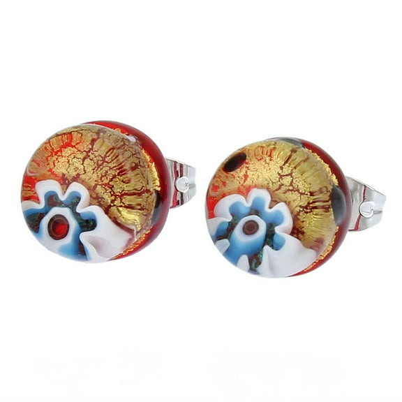 GlassOfVenice Murano Glass Venetian Reflections Round Stud Earrings - Gold Millefiori