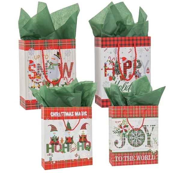 4 pack Gift Bags Assorted Christmas Bags with Tissue Paper for Christmas Party Supplies Decor, Wrapping Holiday Gifts (2 Large 13", 2 Medium 9")