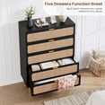 thumbnail image 3 of Rattan Dresser with 5 Drawers, Tall Modern Closet with Deep Storage, Large Chest of Drawers with Wide Top, Long Wooden Dresser for Bedroom, Living Room, Hallway, Kids Room, Black, 3 of 7