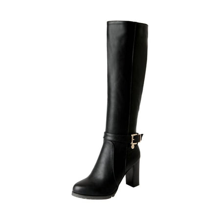 jsaierl Women s Classic Chunky Knee High Boots Shoes Solid Color Belt Buckle High Heels Leather Boots